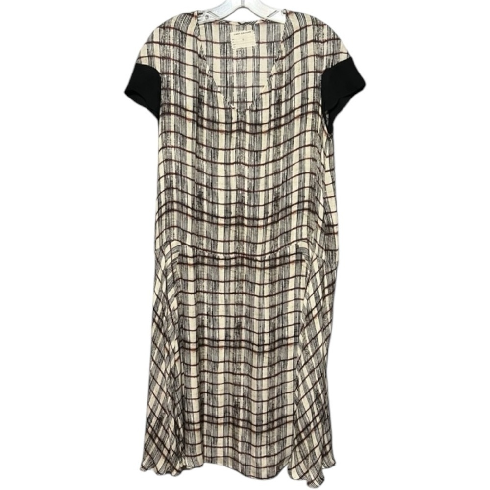 Gary Graham Silk Dress Neutral Red Black Plaid Sheer Lightweight V-Neck MuMu